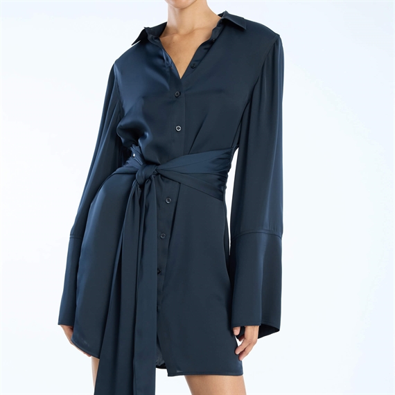 Rotate Satin Tie Shirt Dress, Sky Captain